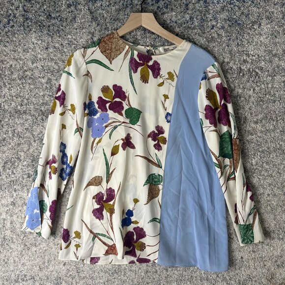 Diane von Furstenberg Blouse Womens 8 Cream Blue Floral Colorblock Long Sleeve - Picture 1 of 7